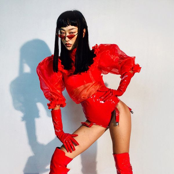 

stage costume women seethrough mesh leather shorts pole dance clothing nightclub singer festival outfit rave wear, Black;red
