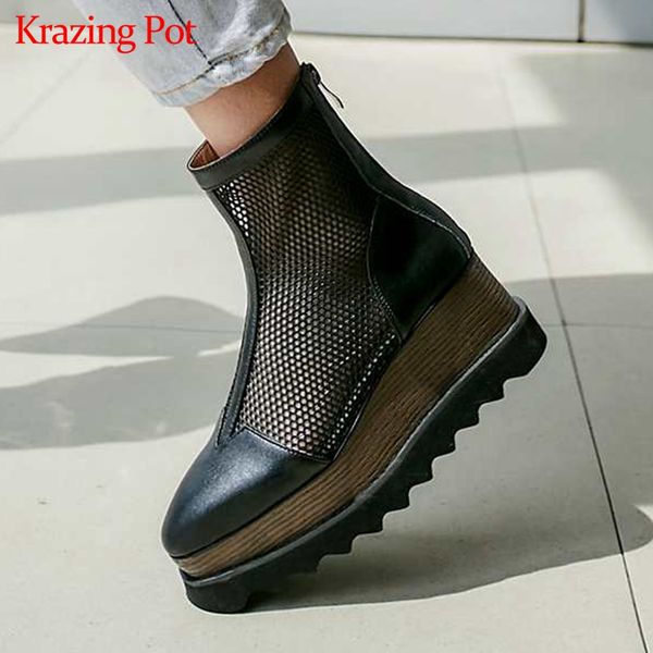 

krazing pot cow leather air mesh european designer high heels square toe zipper thick bottom sun protection summer boots l86, Black