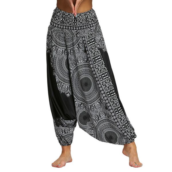 

women comfy beach baggy pants boho gypsy hippie trousers elastic waist print casual loose aladdin harem pants #t20, Black;white