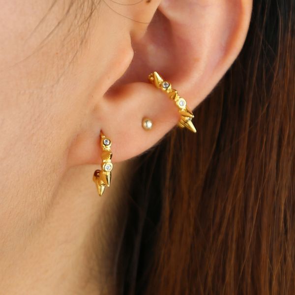

gold color round circle no piercing clip on earrings for women stacking cz rock spike ear stud earring, Golden;silver