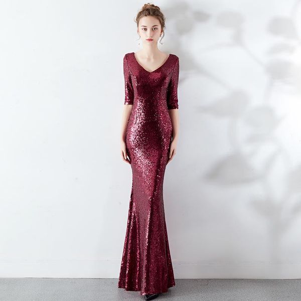 

v neck sequin chinese evening dress long mermaid cheongsam red half sleeve qi pao women wedding qipao bride marry gown