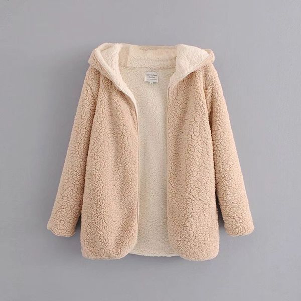 

2019 winter faux fur thickening two-sided clothes loose coat cardigan woman keep warm hooded casual khaki black jackets, Black;brown