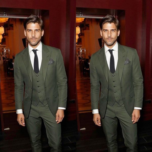 

2020 spring olive groom tuxedos peak lapel groomsmen mens wedding dress excellent man jacket blazer 3 piece suit(jacket+pants+vest, Black;gray