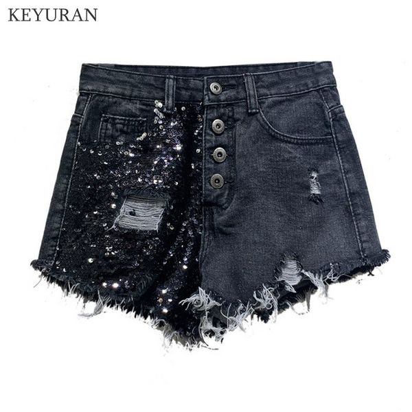 

2019 summer vintage hole crimping denim shorts women europe style sequined tassel casual femme short jeans mujer plus l3305, White;black