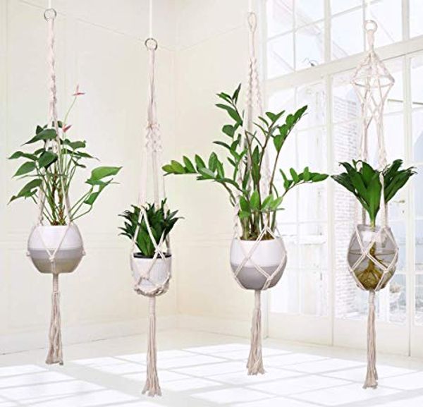 4pcs Macrame Planta Hanger Handmade Woven planta de algodão Titular Wall Hanging Planter Basket para Indoor Outdoor Jardim Pátio Varanda teto dezembro