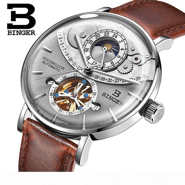 

genuine luxury binger brand men watch steel leather strap automatic mechanical male moon phase waterproof cruve surface big dial, Slivery;brown