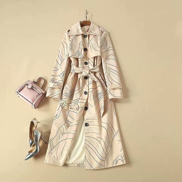 

2019 designer trench women's print long trench overcoat, Tan;black