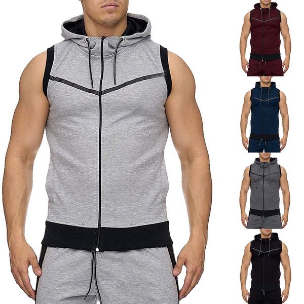 

adisputent 2019 men hooded jacket fashion brand male sleeveless jacket zipper pocket gilet casual cotton male vest plus size, Black;white
