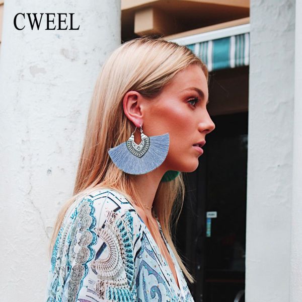 

cweel women's long tassel earrings fringe earing fashion drop vintage ethnic dangle bohemian statement woman earring, Silver