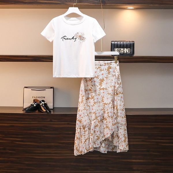 

fashion korean plus size 4xl two piece set women print white blouse and loose chiffon skirt summer sweet lady streetwear suit