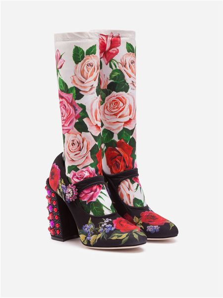 Hot venda- 2019 couro senhoras diamantes pérola Chunky salto alto dedos redondos Buckle Strap sapatos sandálias meia botas botas de impressão flores 02