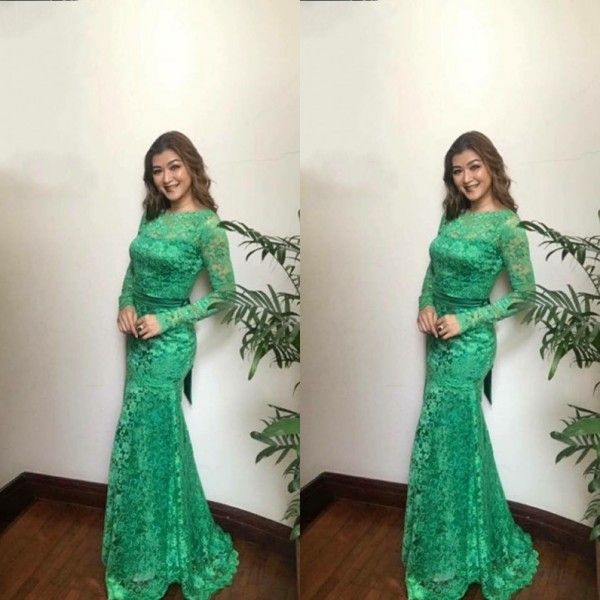 Primavera 2019 Modest Manga Longa Vestidos de Baile Sereia Jóia Pescoço Fishtail Verde Do Laço Formal Vestidos de Noite Verde Menta Sage Verde