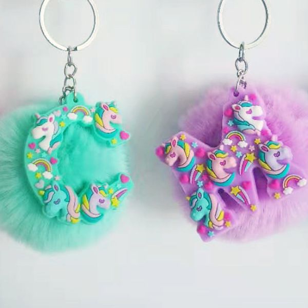 

pompom unicorn keychain letter keychains fluffy charms gift keyring imitation hair car pendant key chain purse hang, Silver