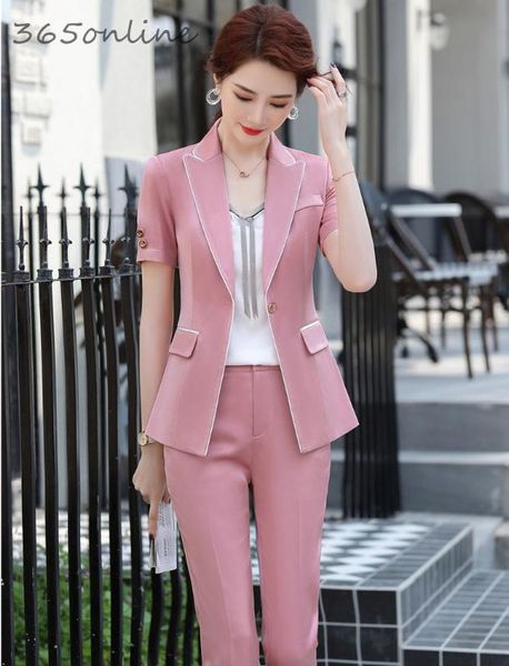 

novelty pink formal styles women business suits summer short sleeve professional ladies office work wear blazers pantsuits, White;black