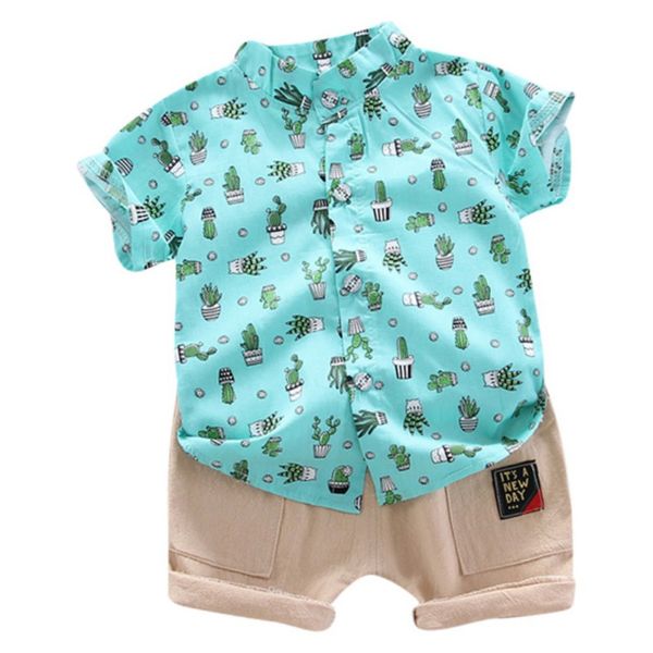 

toddler kid baby boys' summer clothes pocket t-shirt short pants print cactus casual outfit set clothing, White
