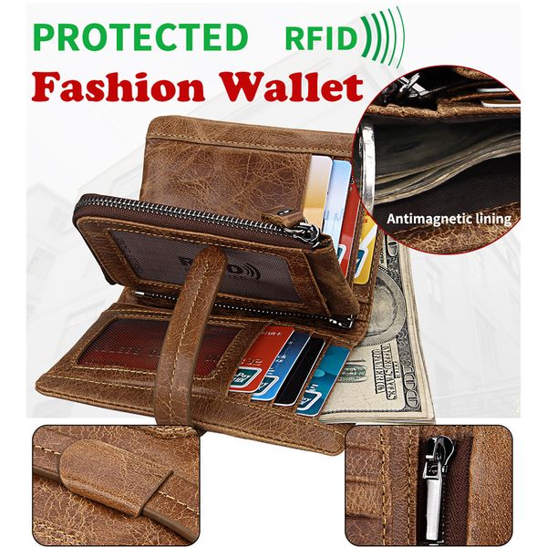 

women men genuine leather fold over business wallet rfid blocking zipper purs multi-card holder banknote pocket short cowhide pouches gift, Red;black