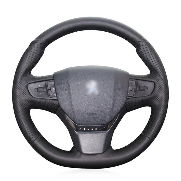 

hand sew black genuine leather car steering wheel cover for 408 2014 2015