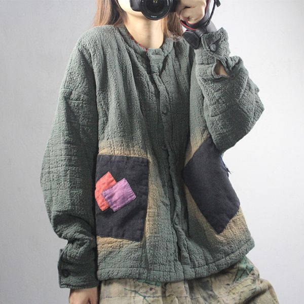 

johnature women cotton linen parkas chinese style coats patchwork 2019 autumn new o-neck button vintage loose women parkas coats, Black