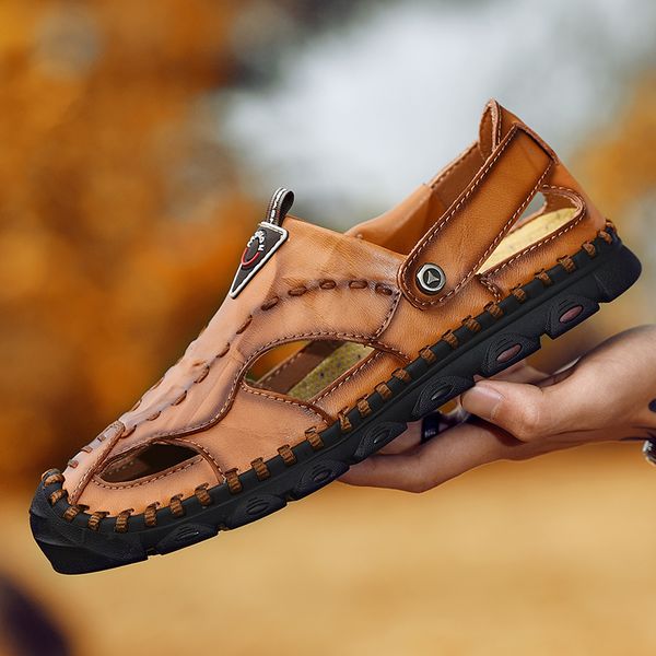 

mens sandals leather beach sandals brand men casual shoes genuine split leather sneakers men slippers flip flops summer shoes, Black