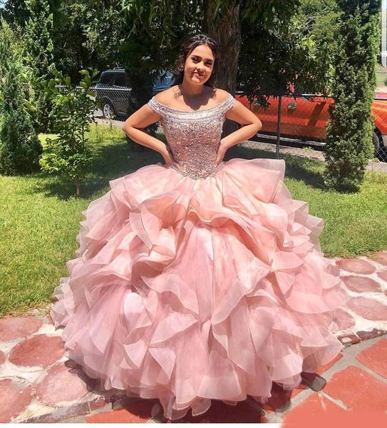 

blush pink luxurious crystals beaded quinceanera prom dresses tiers organza ball gown evening party sweet 16 dress, Blue;red