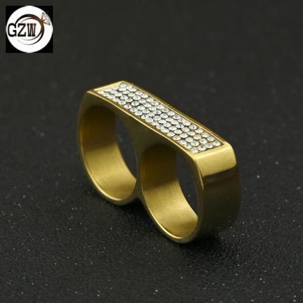 

new fashion stainless steel gold plated diamond mens 2 finger ring band hip hop night club rock punk rapper jewelry gifts for guys wholesale, Golden;silver