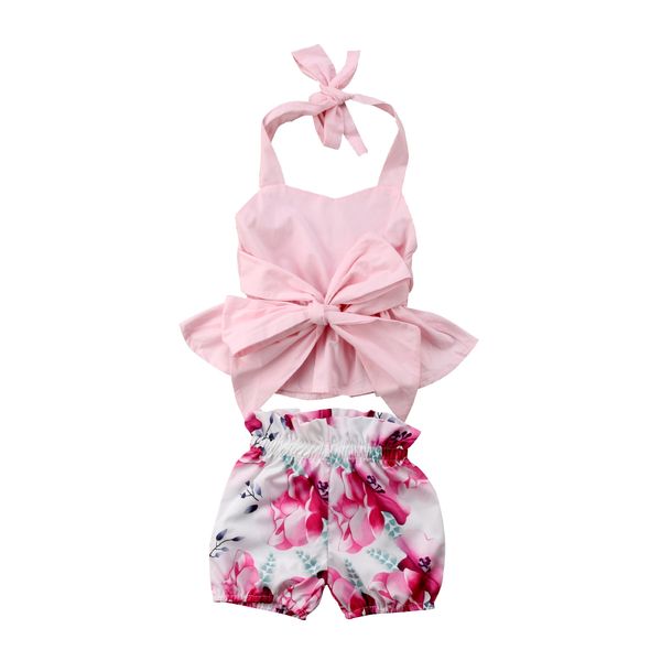 

newborn baby girls bow backless and floral shorts 2pcs kids girl summer outfit, White