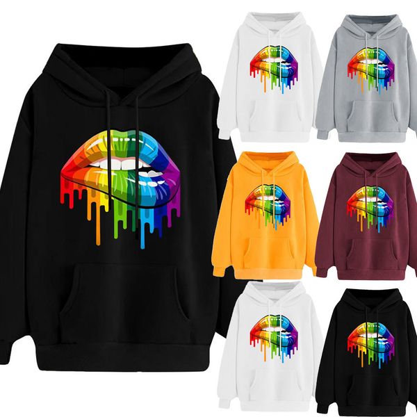 

40#plus size women sweatshirt warm lips print female pullover autumn winter soft long sleeve casual hooded pullover blouse, Black