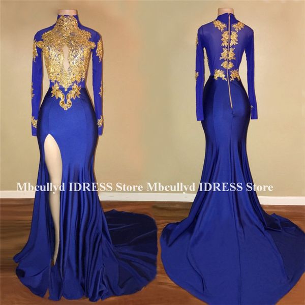 

длинные сексуальные платья выпускного вечера 2019 vintage high neck sheer с длинным рукавом gold lace high щелевая african royal blue русалк, White;black