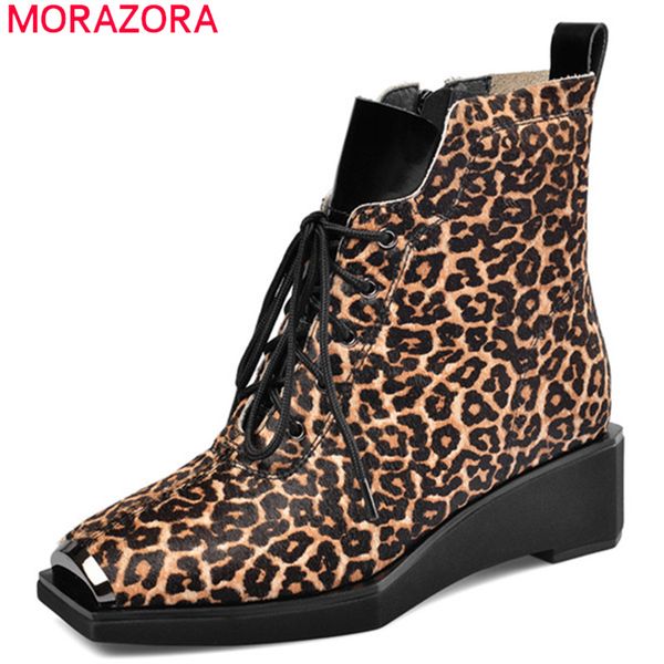 

morazora 2020 horse hair ankle boots women leopard metal toe autumn short boots lace up fashion casual shoes ladies, Black