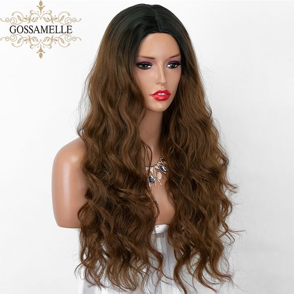 

gossamelle ombre коричневый синтетические парики длинные волнистые парики для женщин средняя часть смешанный черный косплей высокая температ, Black