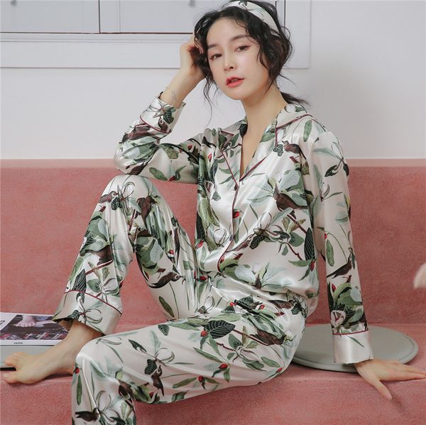

spring summer turn-down collar 2pcs sleepwear lady satin pajamas pyjama set casual nightwear printed home clothes pijamas, Blue;gray