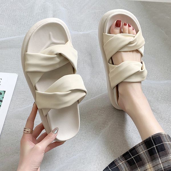 

house slippers platform med shoes lady slides fashion slipers women flat girl summer 2020 soft basic pu rubber rome, Black