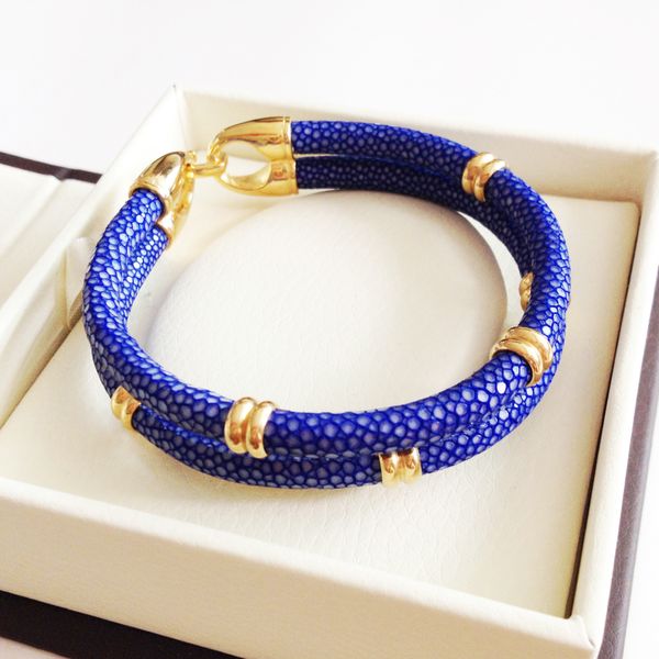 

classic genuine blue stingray double strap bracelet bangle original thailand stingray bracelet for men jewelry bl-02968, Golden;silver
