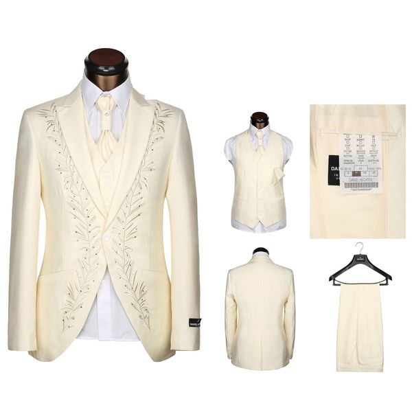 

embroidery groom tuxedos beige groomsmen mens wedding dress peak lapel man jacket blazer fashion 3 piece suit(jacket+pants+vest+tie) 1566, Black;gray