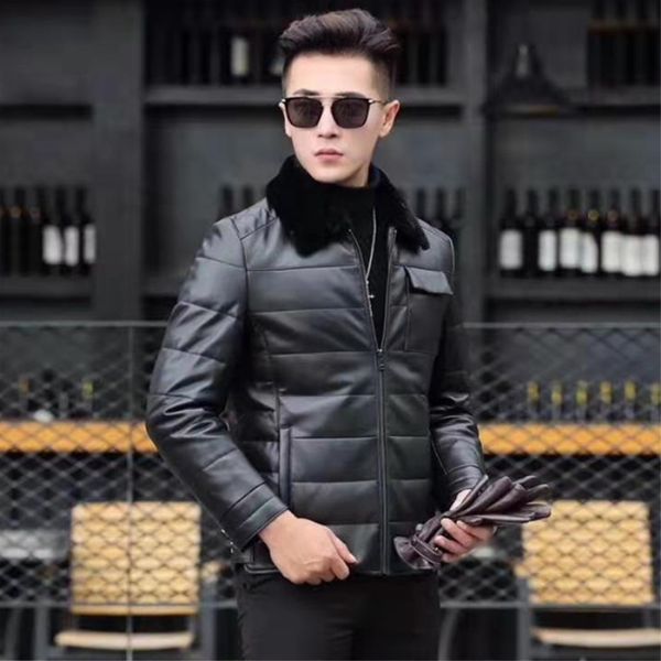 

men's real leather down jacket men genuine lambskin winter warm leather coat with removable standing sheep fur collar, Black