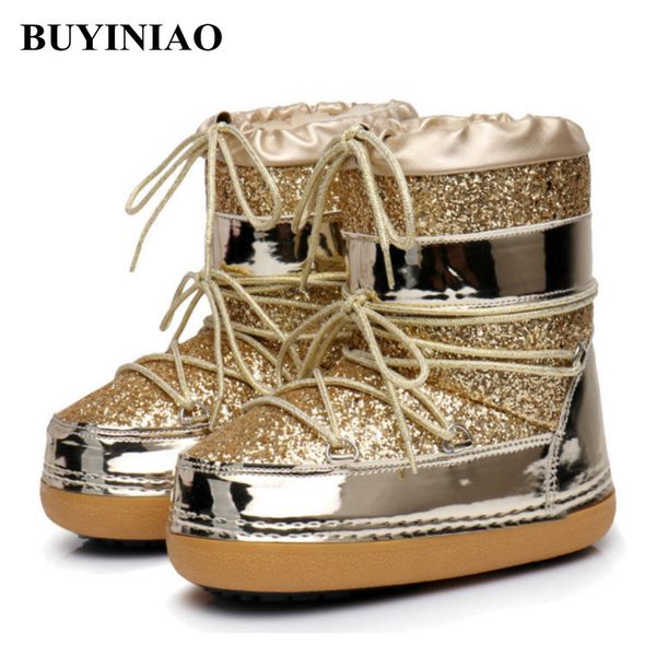 

2018 snow boots winter ankle boots women shoes fur warm female plus size casual shoes platform non slip gold bling lac up, Black