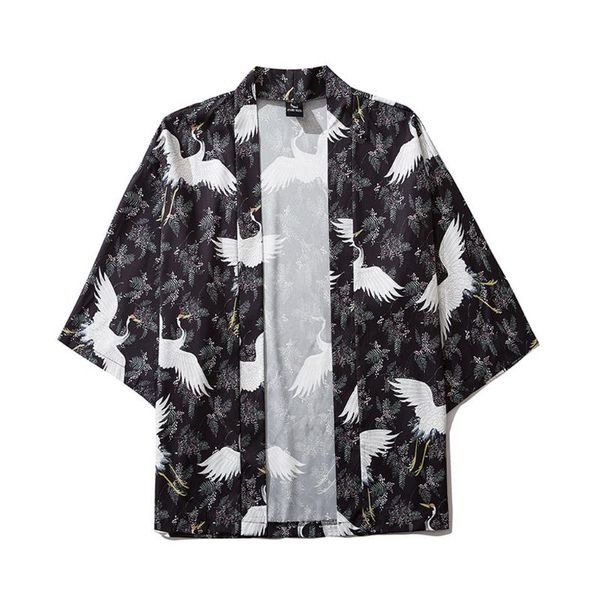 

summer shirts men dress japanese five point sleeves kimono mens and womens cloak jacke blouse moda masculina vetement homme, White;black