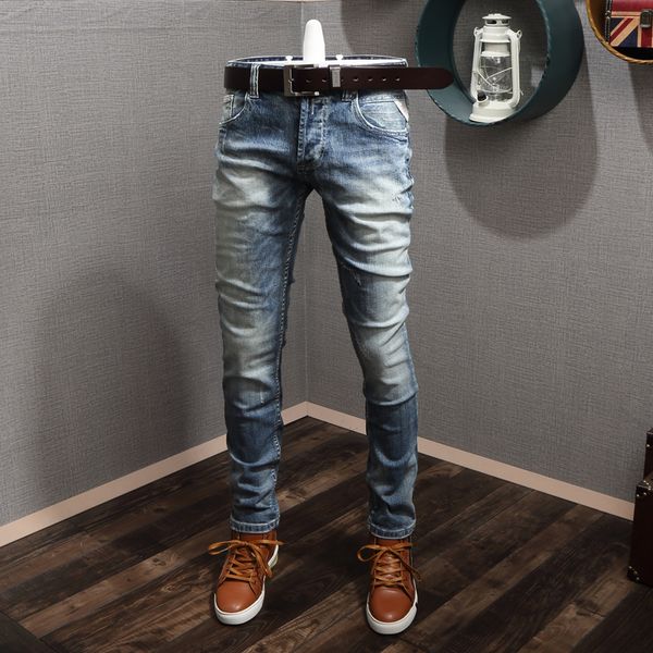 

italian style fashion men jeans light blue classical simple vintage slim jeans elastic designer casual men
