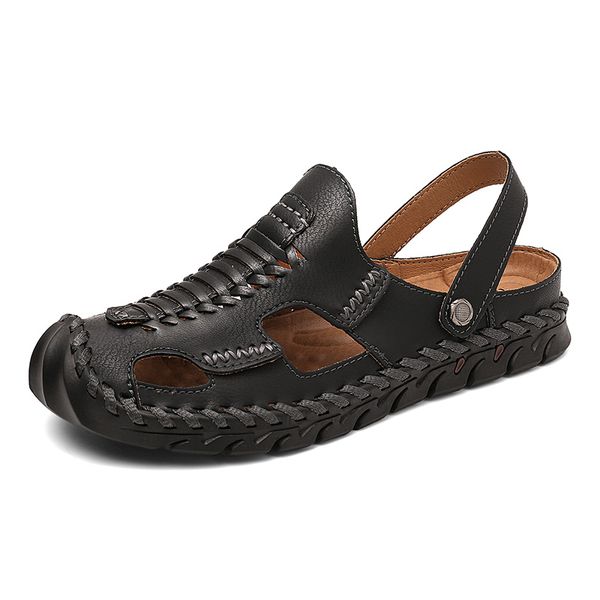 

genuine leather sandals summer fashion men's sandals leather outdoor breathable beach comfortable men shoes, Black
