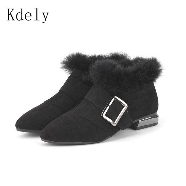 

drop shipping women snow boots warm short fur plush winter ankle boots buckle pointed toe ladies suede cotton shoes comfortable, Black