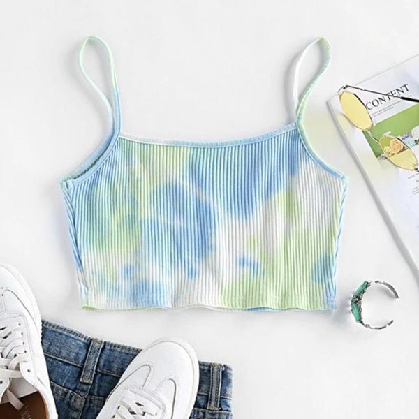 

tie-dye print tanks women's o-neck sleeveless gradient color slim fit short vestes femme slim tanks ropa femenina, White