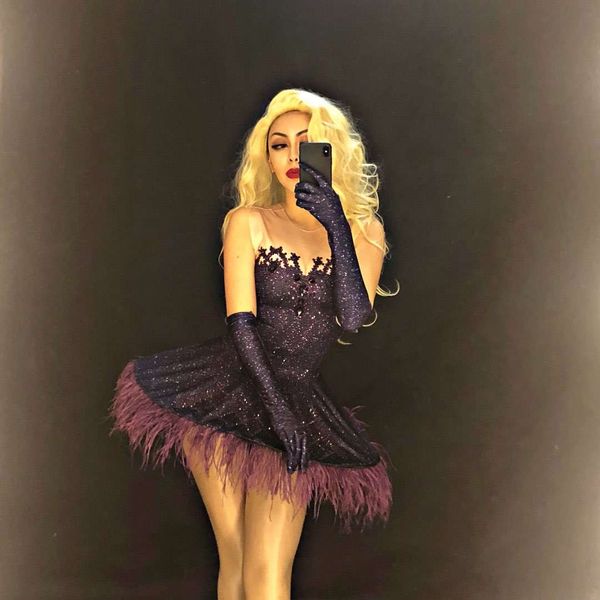 

purple ostrich feather women bodysuit sparkling crystals dress nightclub party stage wear costumes dancer singer clothing, Black;red