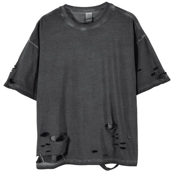 

designer summer mens tshirts holes gray short sleeve crew neck high street mens tees fashion loose male, White;black