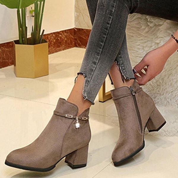 

women's winter boots warm plush buckle zipper shoes woman solid color square heels booties ankle crystal padent short boots 2019, Black