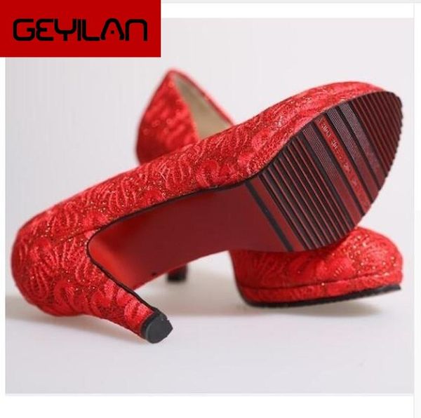 

elegance women pumps classic high heels shoes red round toe lace embroider paltform wedding women dress shoes plus size 34-42, Black