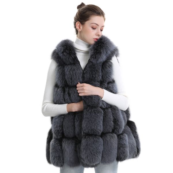 

fur hooded vest women winter classic fashion genuine fur waistcoat female ladies natural gilet, Black