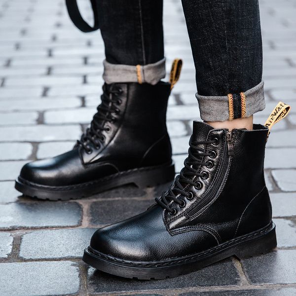 

men's shoes for men and women couple models leather side zipper martin boots men's high to help military tooling shoes, Black