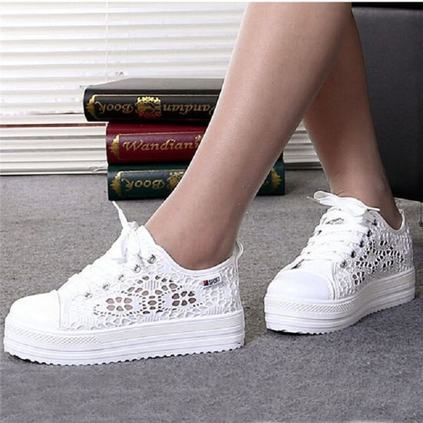 

2019 low help muffin platform high heel student canvas shoes female autumn lace hollow breathable high-cut mesh white shoes, Black
