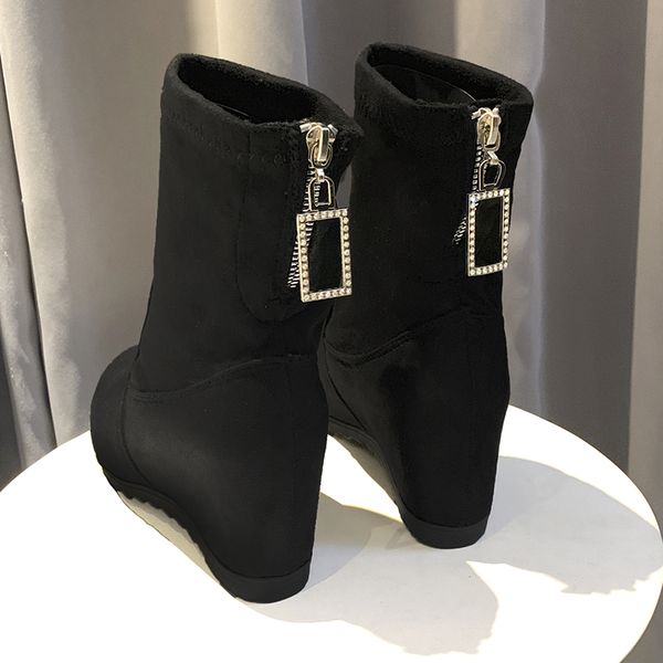

size 35-50 nice new autumn ankle boots women height increasing heels vintage shoes woman lace up crystal lady zipper casual boot, Black