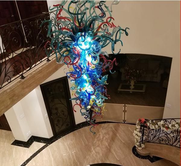 100% handgeblasene Murano -Glas -Kronleuchterlampe mit LED -Lampenkristallblau -Kronleuchter großer Größe für den Treppenstil